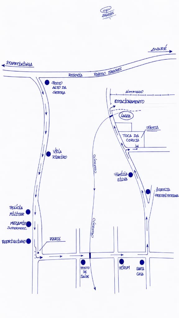 Mapa desenhado com referências do caminho até a Toca das Corujas